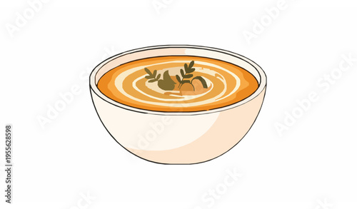 Creamy pumpkin soup in bowl with vegetable garnish warm autumn food vector illustration isolated on white