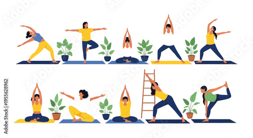 Diverse group of people practicing various challenging yoga poses together on mats for wellness and fitness illustration