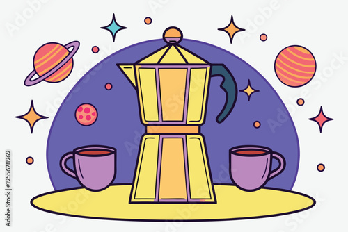 Yellow coffee maker with purple cups and planets