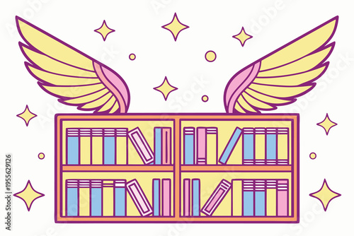 Winged bookshelf with books and stars wings yellow