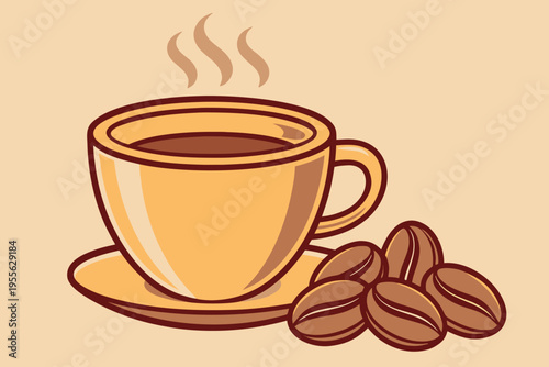 Yellow coffee cup with brown coffee beans on saucer