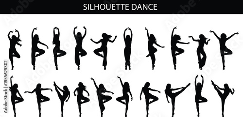 Dance silhouettes collection, female dancers poses, modern ballet, performance art, graceful movement, choreography, fitness, elegance, rhythm, expressive body motion concept