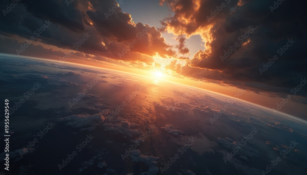 Fototapeta premium Sun sets over Earths atmosphere with dramatic clouds. Planet view from space shows vast ocean and sky glow. Cosmic horizon with bright sunbeam light.