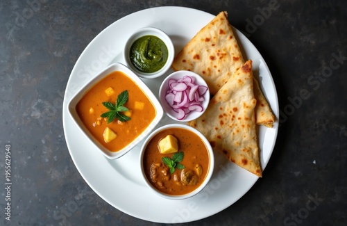 Two creamy curries, one with paneer cheese, served with flatbread and green chutney. A delicious north Indian meal with fresh mint garnish. A side of pickled onions complements this rich flavor.