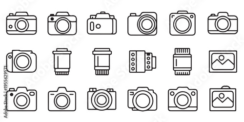 Professional Photography Equipment Line Icons - Camera, Lens, and Film Roll Symbols