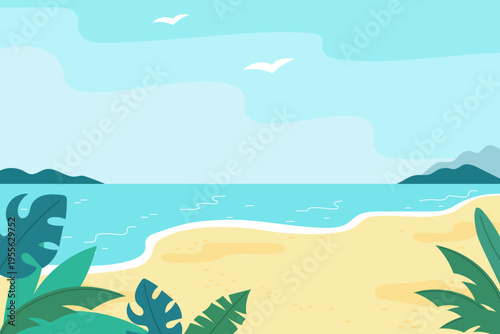 Summer seascape. Background. Beach, exotic plants.