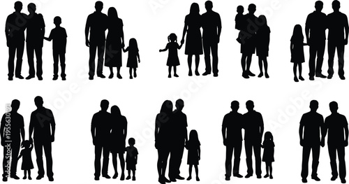 Family silhouettes collection, parents and children, diverse family groups, people standing together, parenting concept, relationship bonding, social unity, human figures, lifestyle