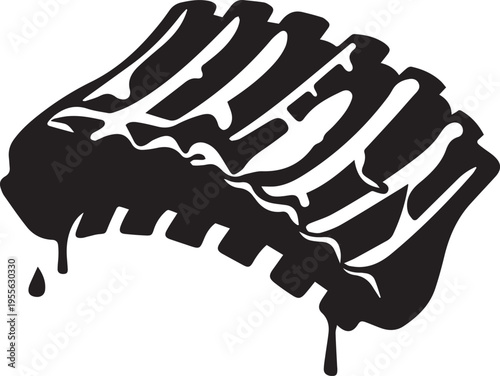 A minimalist black and white graphic illustration featuring a rack of succulent pork baby back ribs