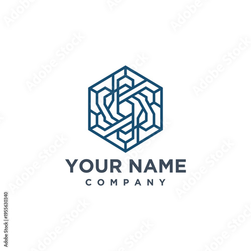 Blue hexagon maze company logo.