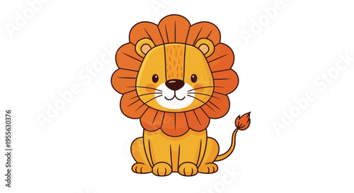 Adorable cartoon drawing of a cute happy baby lion sitting patiently with a fluffy orange mane illustration perfect for children's media projects