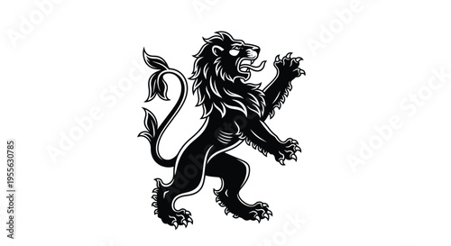Stylized heraldic black lion rampant silhouette design standing on hind legs showing fierce expression and detailed mane against white background perfect for emblems
