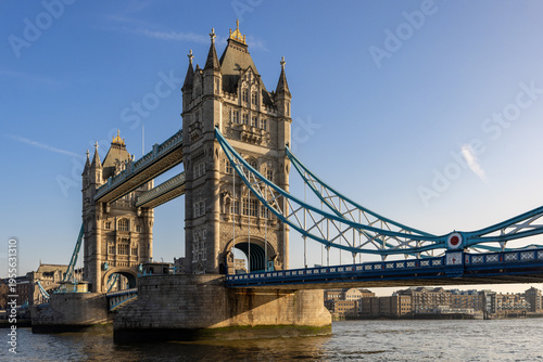 Tower Bridge and the River Thames in London.	