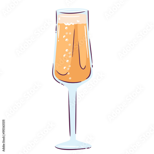 Champagne flute with sparkling drink, bubbles and foam in tall stem glass. Toast, party and celebration decor with champagne flute, greeting card, cartoon vector illustration
