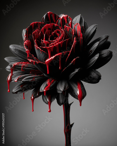 Horror-style photo of a black, gothic, bloody Chrysanthemum (Dahlia) against a dark background. Gothic vampire flower with blood drops.