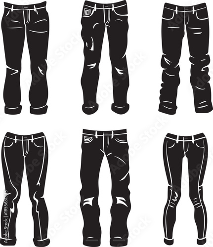 A collection of six distinct black denim jean styles presented as flat vector fashion silhouettes