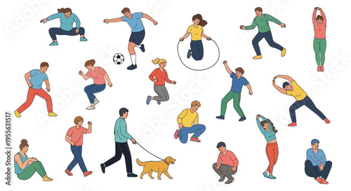 Collection of diverse people engaging in various outdoor recreational activities including exercising stretching and walking a dog