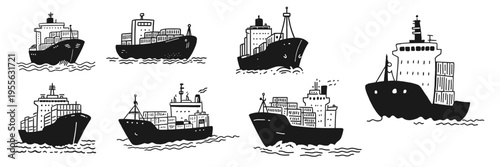 Hand drawn cargo ship doodle set featuring container vessels and maritime logistics