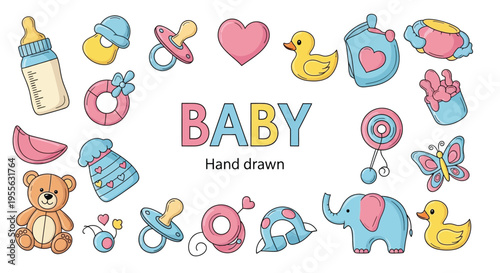 Adorable collection of hand drawn baby items featuring cute toys rattles bottles and soft accessories in pastel colors perfect for nursery design