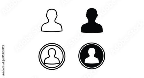 A collection of four distinct user profile icons and avatar symbols, showcasing various styles including outline, solid fill, and framed versions, perfect for web design and mobile applications.
