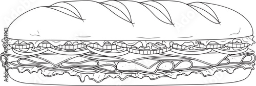 A detailed line drawing depicts a long sandwich. The sandwich is layered with various ingredients, including lettuce, tomato, meat, cheese, and onions.