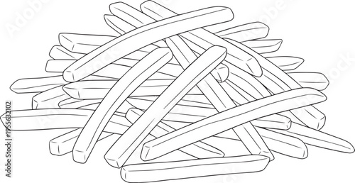 A pile of french fries is arranged in a haphazard stack. The fries are long and thin, with visible texture and slight variations in color.