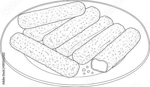 A plate holds a stack of cheese sticks. The cheese sticks are arranged in a row on a circular plate.