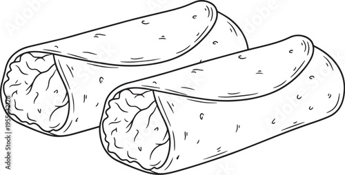 Two rolled tacos are stacked on top of each other. The tacos are wrapped in corn tortillas and filled with a visible filling.