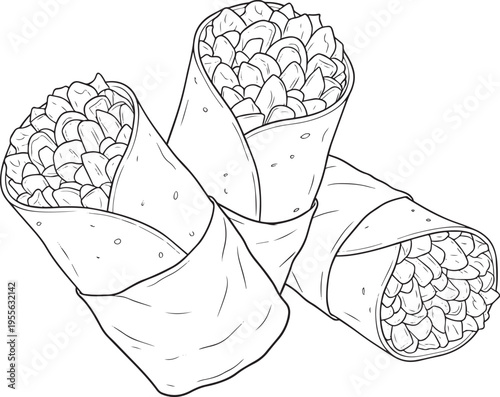 Three burritos are arranged in a stack. Each burrito is wrapped in a tortilla and filled with a colorful mixture of ingredients.
