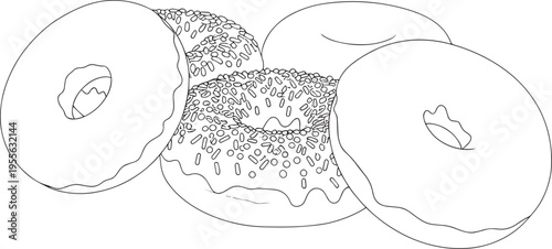 Three glazed donuts with sprinkles are arranged on a surface. The donuts have a circular shape and a glossy, icing-covered exterior.