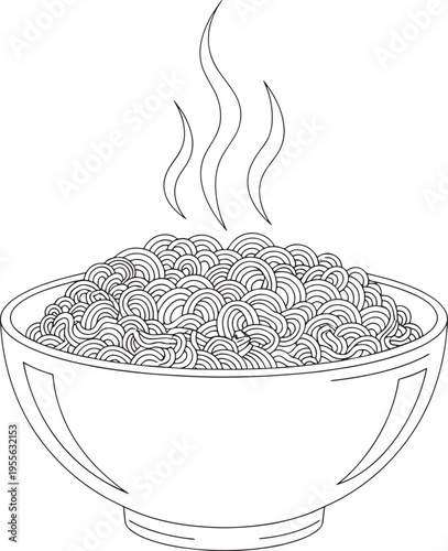 A bowl of steaming noodles sits on a white background. The bowl is outlined in black and contains a generous portion of curly noodles.