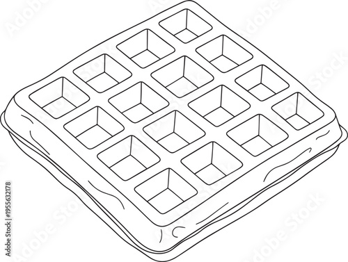 A waffle iron is depicted in a black and white line drawing. The iron has a square shape with a grid pattern of individual squares.