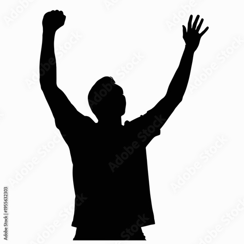 A silhouette of a person with arms raised in celebration