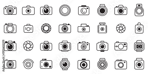 Comprehensive Collection of Camera and Lens Icons in Thin Line Style