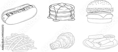A black and white line drawing depicts six classic fast food items arranged in a grid. A hot dog with toppings, a stack of pancakes, a hamburger, a portion of french fries, a fried croissant