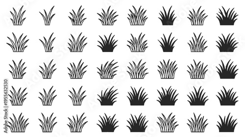 Minimalist black and white vector doodles of potted grass plants arranged in a clean modern grid layout for design