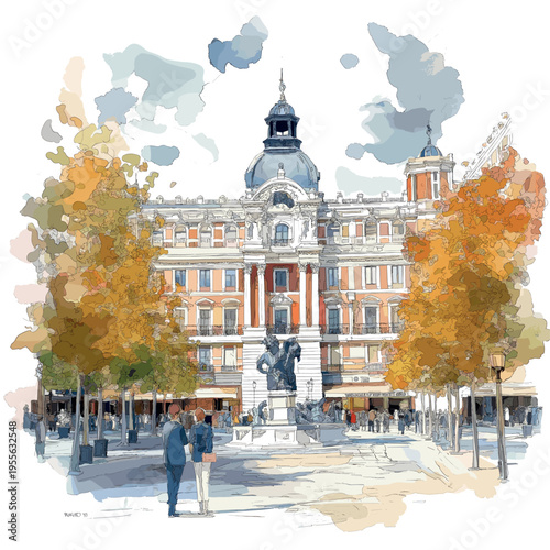 Plaza Mayor in Madrid. Plaza Mayor in Madrid watercolor vector illustration