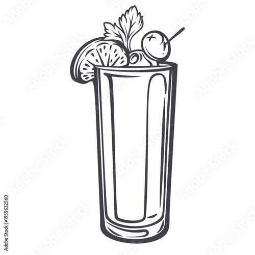 Aperitif cocktail in tall glass with olive, citrus slice and herb garnish in monochrome outline. Bar menu, summer drink card and cocktail design with aperitif cocktail, vector illustration