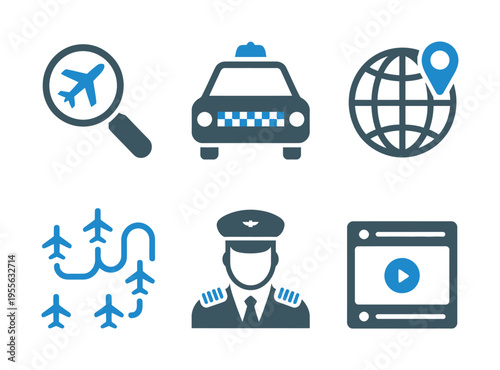 Vector icons representing aviation travel and transportation such as airplane, taxi, and pilot