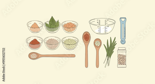 Minimalist flat illustration of culinary ingredients and kitchen tools featuring spices in glass bowls, wooden spoons with seasonings, bay leaves, measuring cup, and a spice jar.