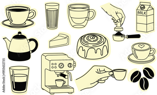 Vector hand drawn graphics for brunch cafe bakery and specialty coffee shops funny cartoon illustrations