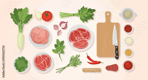 Vector illustration of raw cooking ingredients including beef steaks, ground meat, daikon radish, tomato, chili peppers, fresh herbs, spices, cutting board, and chef's knife.