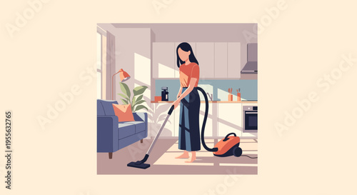 Flat vector illustration of a faceless woman cleaning the floor with an orange canister vacuum cleaner in a bright modern apartment with a blue sofa, house plants and kitchen.