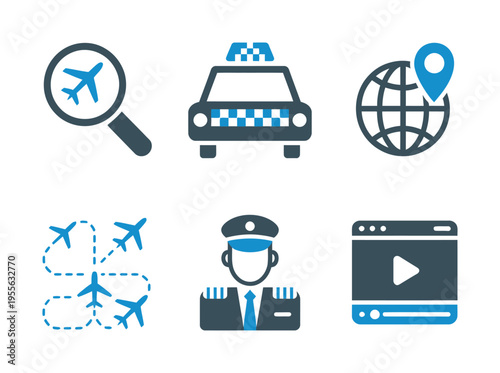 Collection of vector icons representing travel, navigation, and security themes