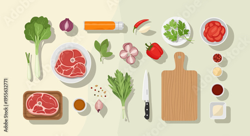 Flat lay vector illustration of cooking ingredients including raw red meat, leafy greens, onions, peppers, garlic, herbs, spices, sauces, a kitchen knife, and a wooden cutting board.