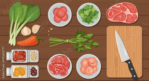 Top down vector illustration of cooking ingredients featuring raw meat slices, bok choy, garlic, chili pepper, fresh herbs, spices in bowls, and a chef knife on a wooden cutting board.