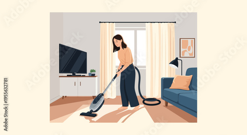 Vector flat illustration of a young woman vacuuming a white rug in a living room with a blue sofa, television on a white stand, floor lamp, cream curtains, and minimalist decor.