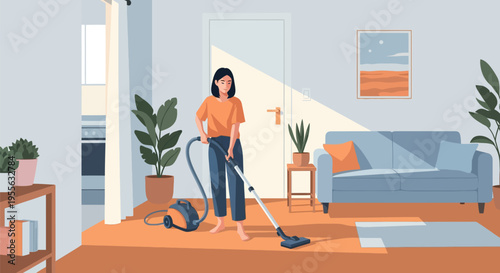 Vector illustration of a young woman with dark hair vacuuming a living room carpet using a canister vacuum cleaner in a bright, modern apartment with plants and a sofa.