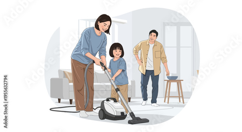 Vector illustration of an Asian family cleaning their home together, mother and daughter using a canister vacuum cleaner on the floor while the father watches with a smile in a living room.