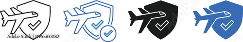 Air Travel Insurance Icon Set Airplane Shield Protection Safe Flight Vector Illustration Collection
