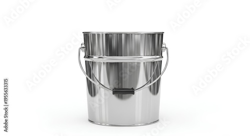 Shiny metal bucket with handle on white background